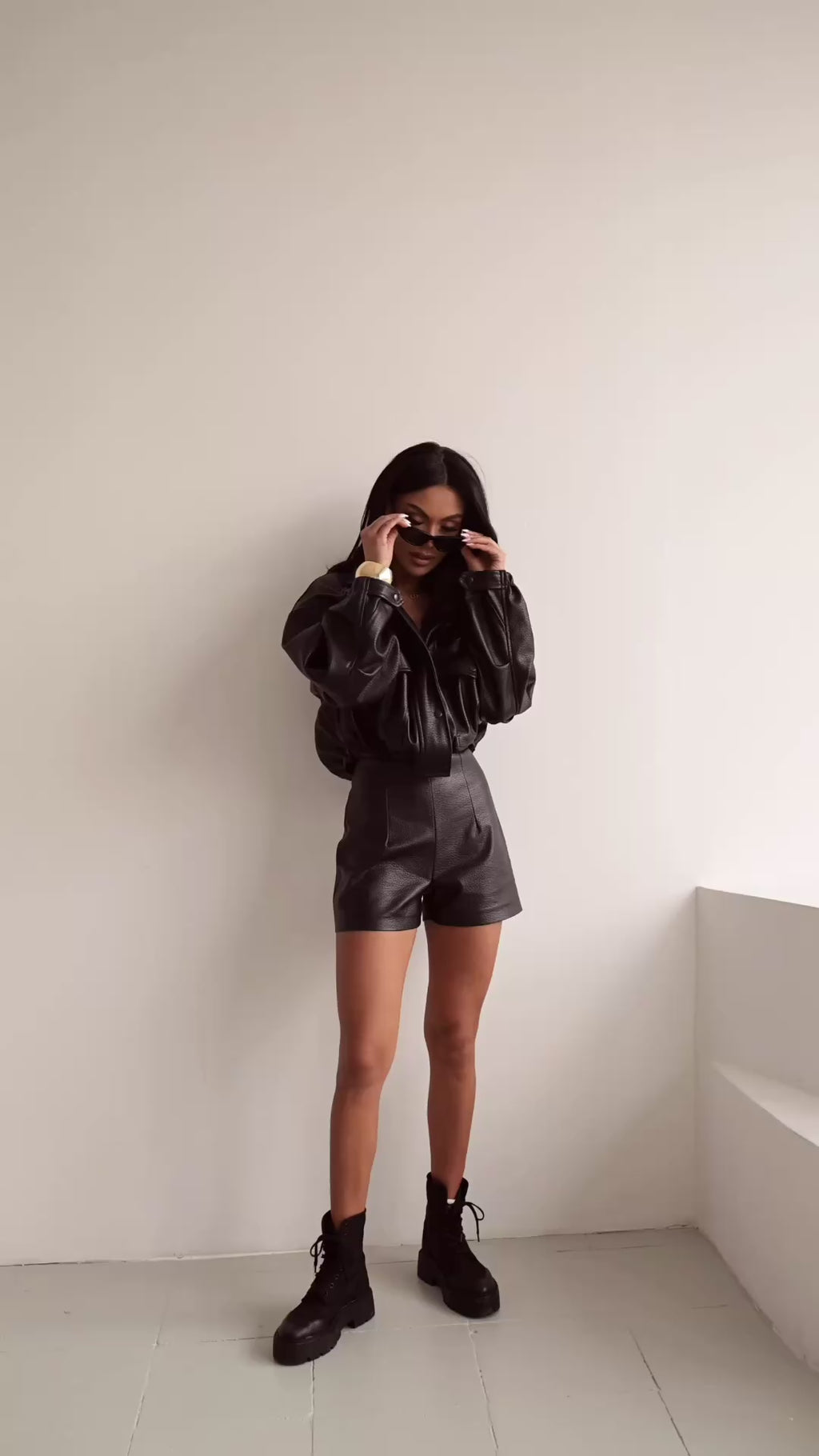 Šokoladinė premium oversize dirbtinės odos striukė „Arlette High Neck Jacket“