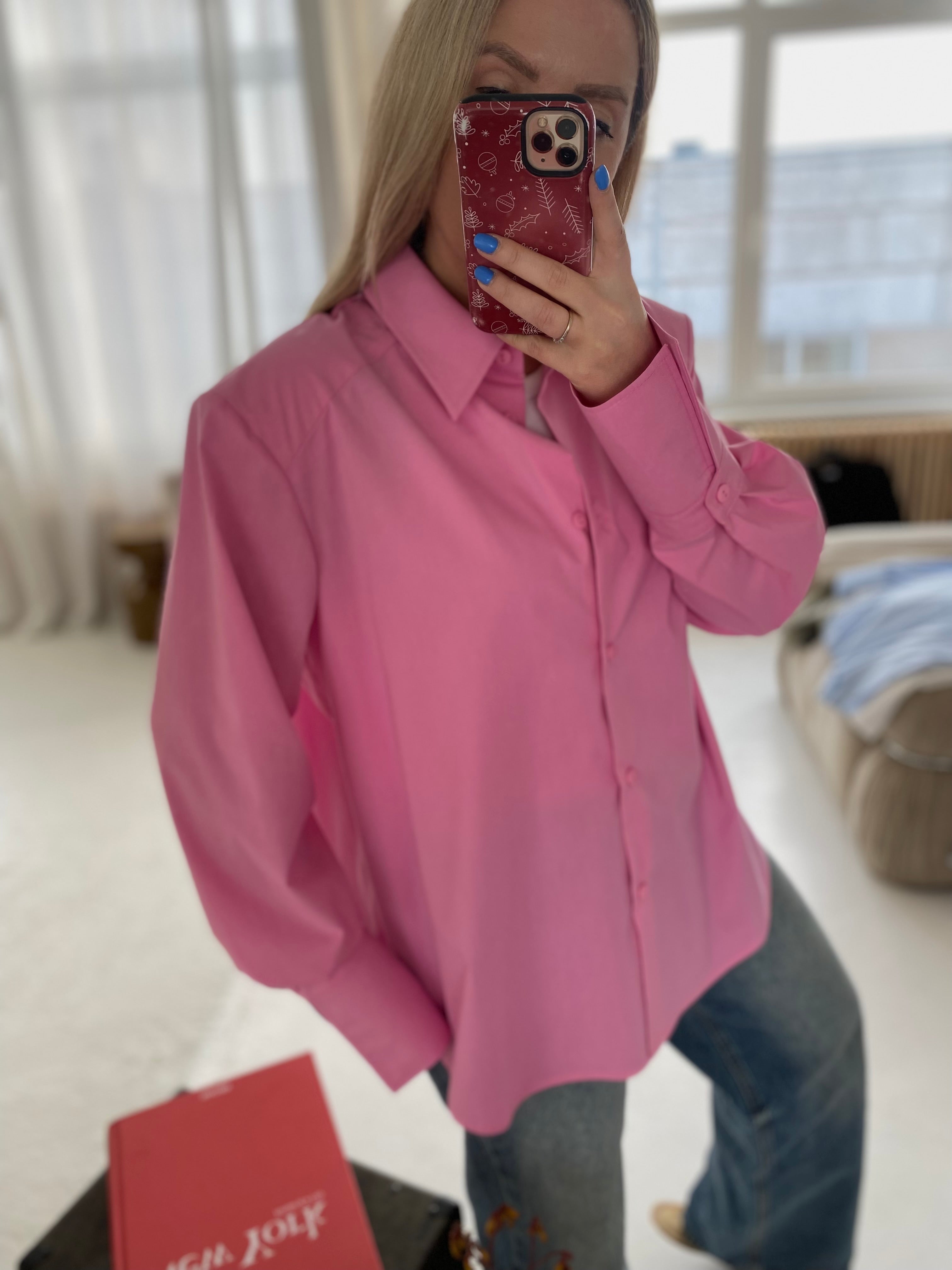 Ryškiai rožiniai medvilniniai marškiniai su petukais „Elara Structured Shirt“