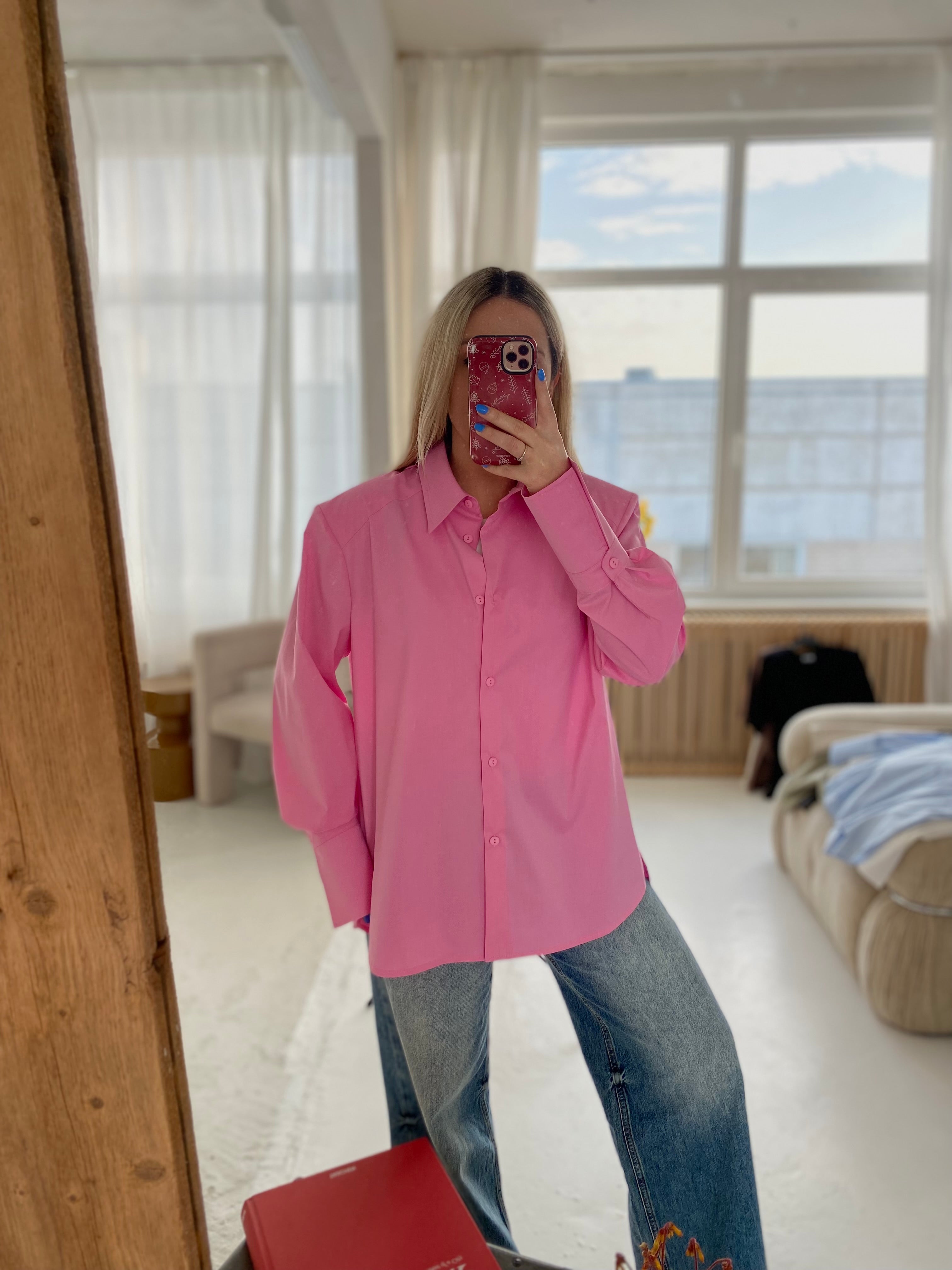 Ryškiai rožiniai medvilniniai marškiniai su petukais „Elara Structured Shirt“