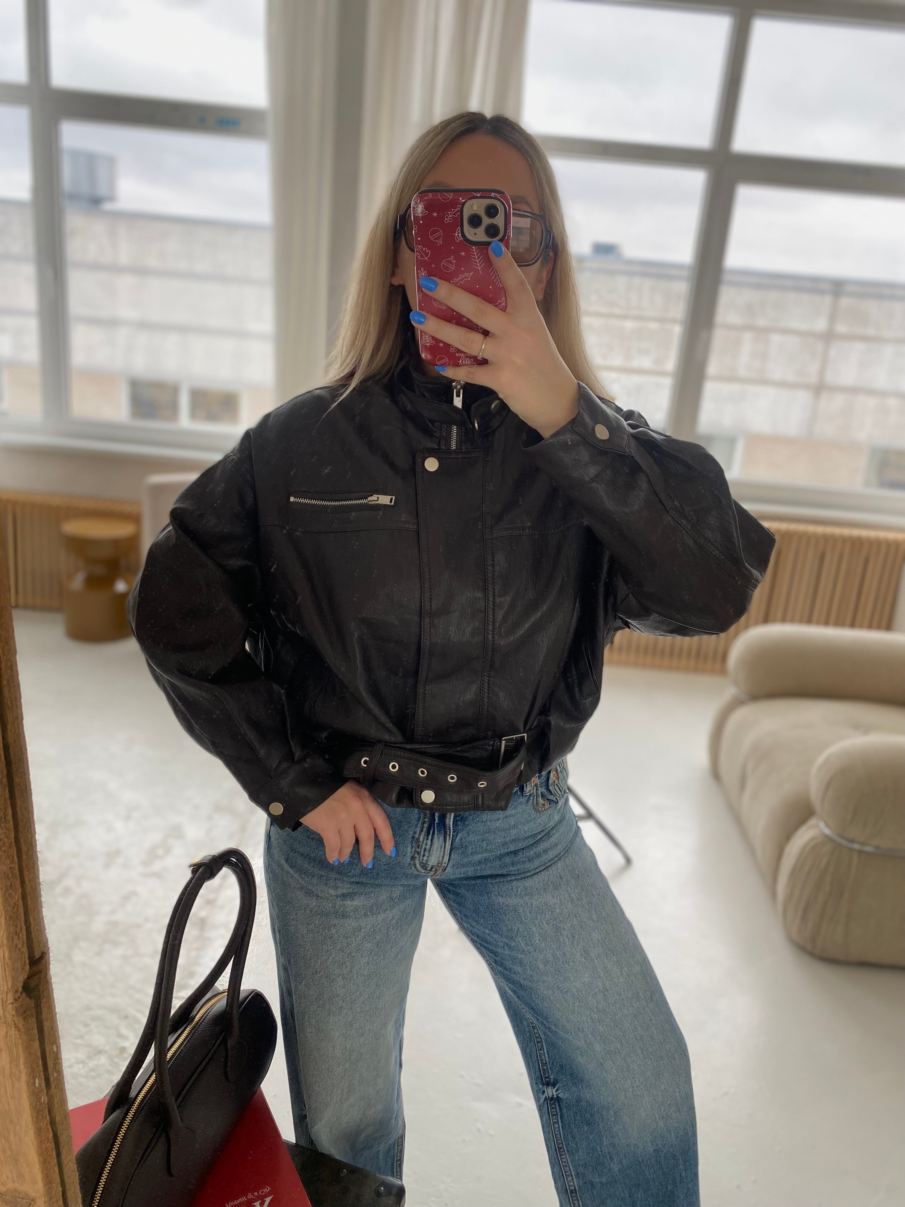 Šokoladinė dirbtinės odos striukė su dirželiu „Valencia Belted Jacket“