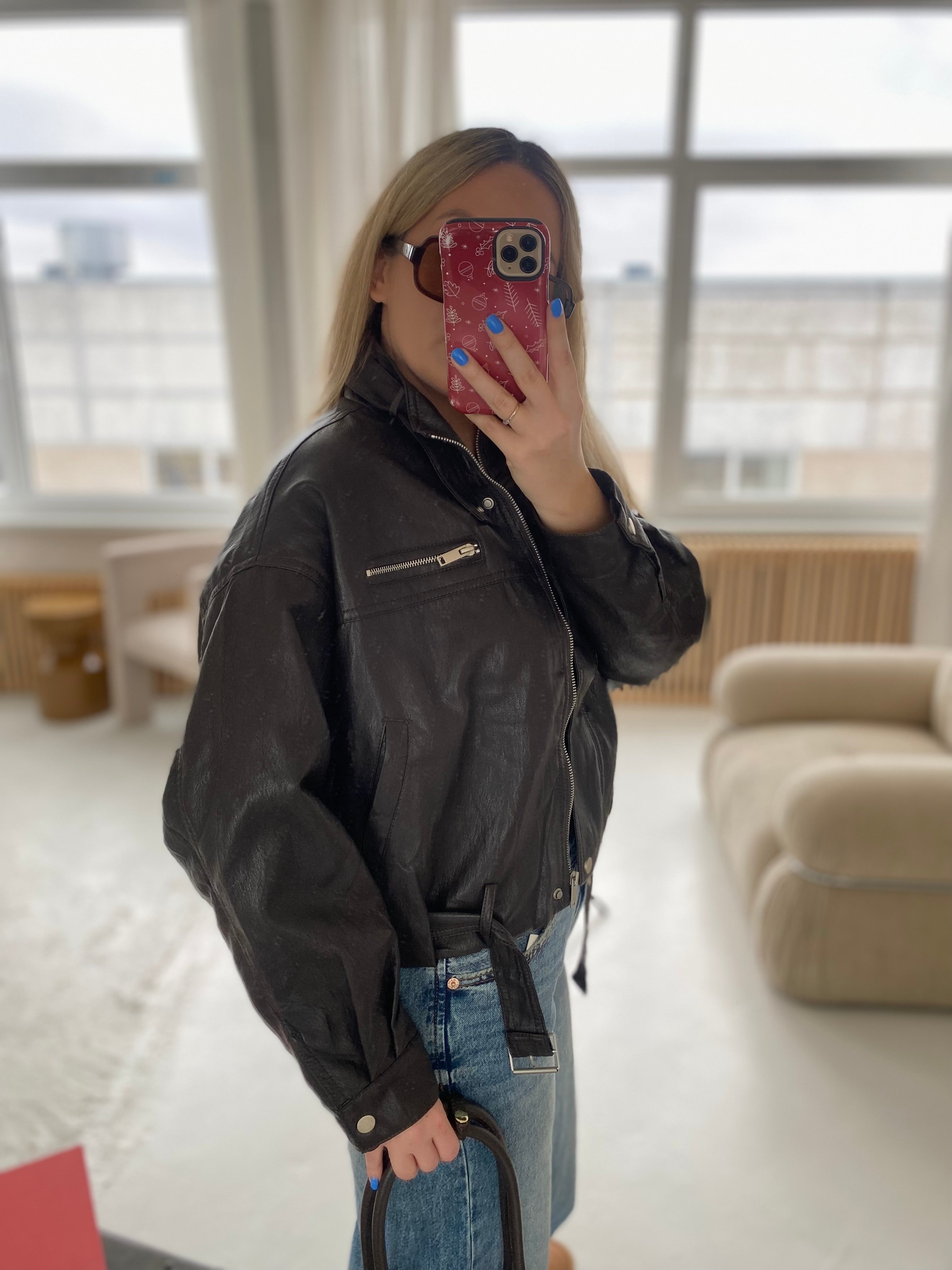 Šokoladinė dirbtinės odos striukė su dirželiu „Valencia Belted Jacket“