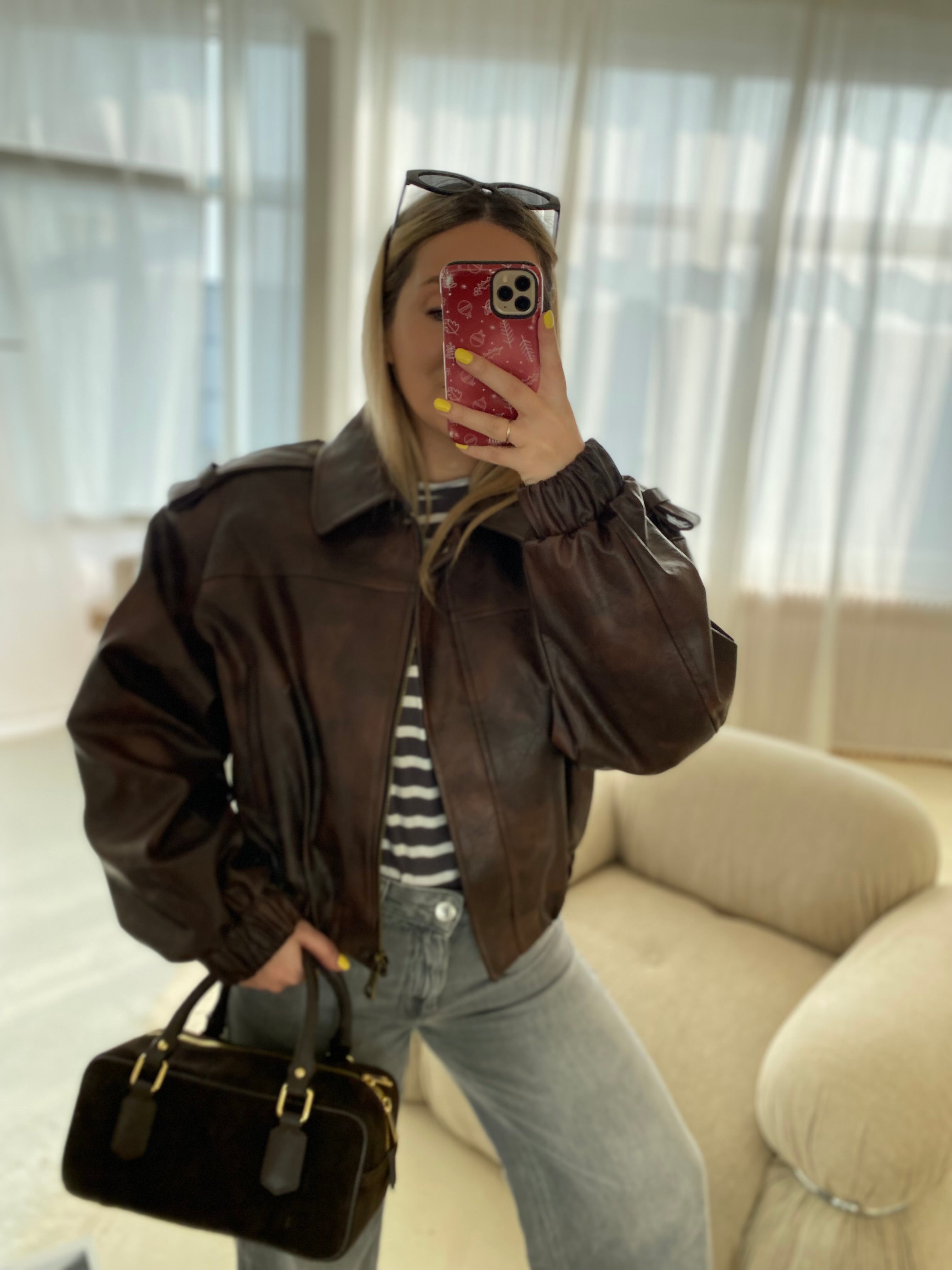 Premium ruda dirbtinės odos striukė su petukais „Velmora Structured Jacket“