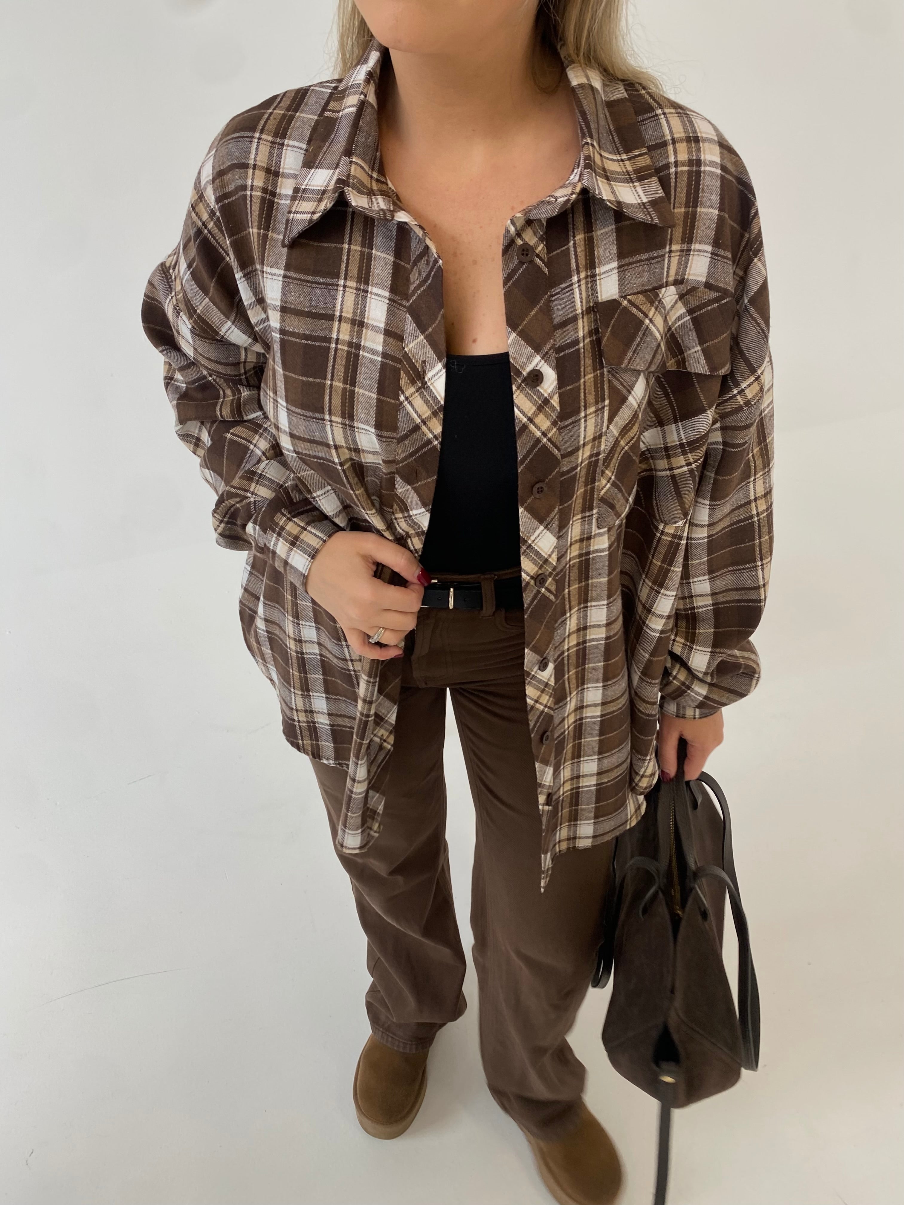 Šviesiai rudi languoti oversize marškiniai “Light Brown Check Oversize”