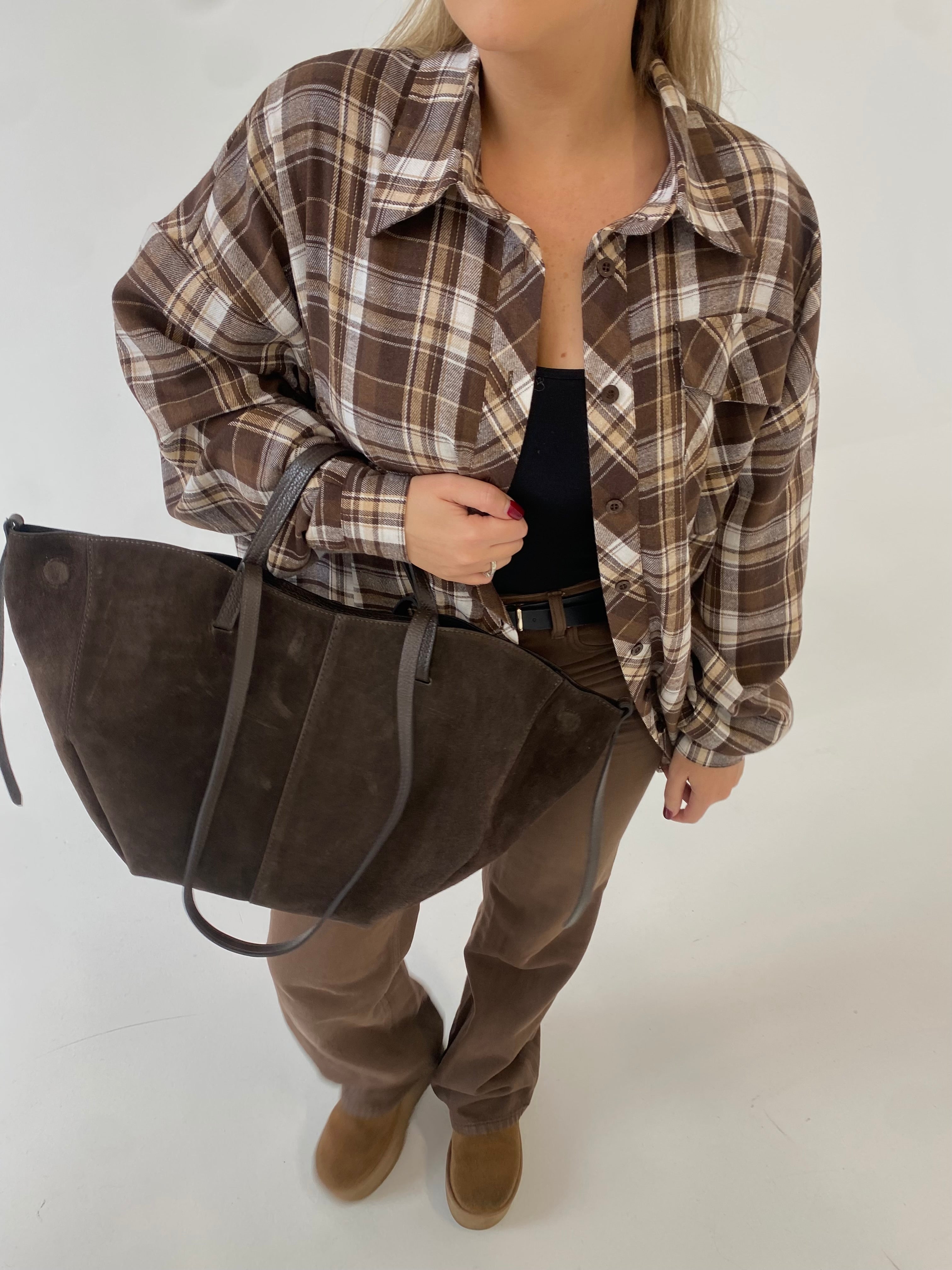 Šviesiai rudi languoti oversize marškiniai “Light Brown Check Oversize”