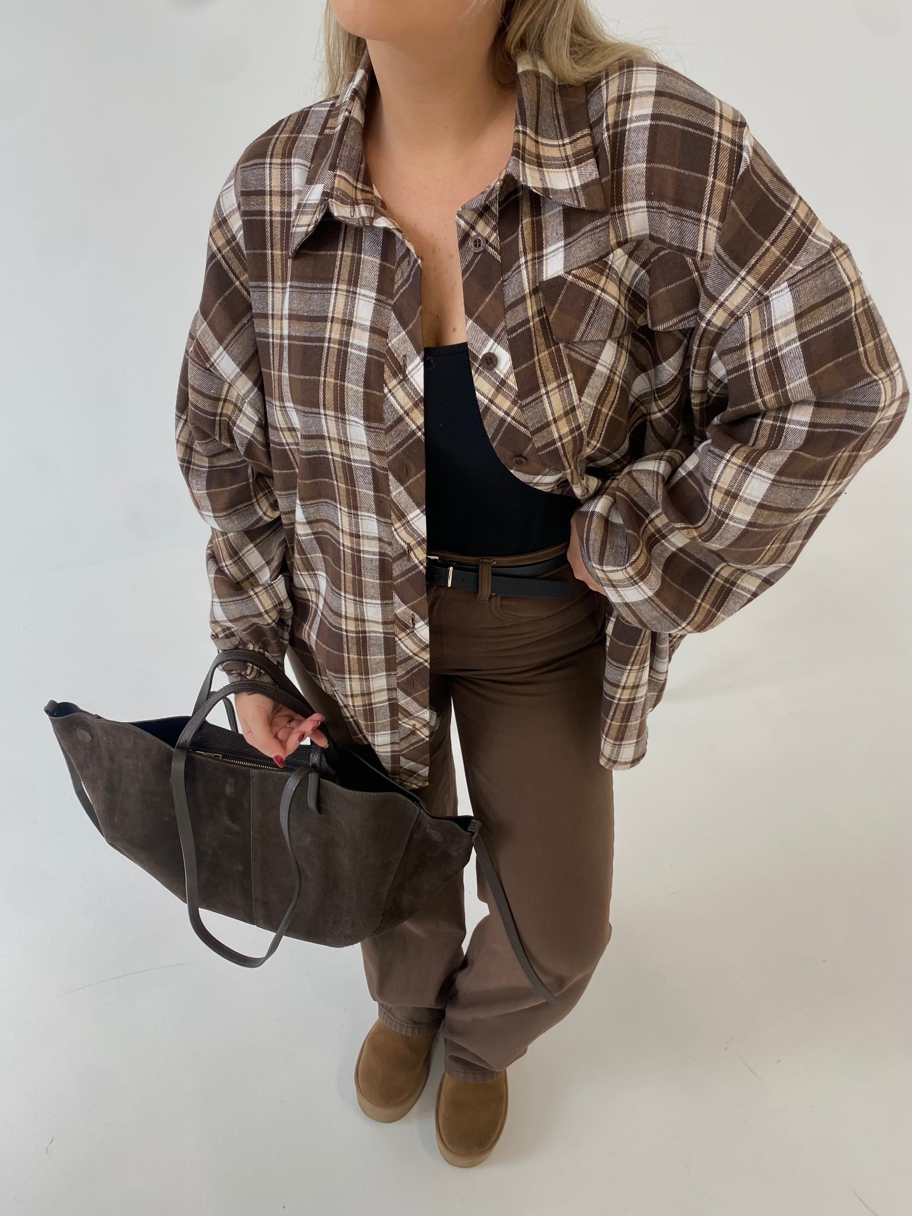 Šviesiai rudi languoti oversize marškiniai “Light Brown Check Oversize”