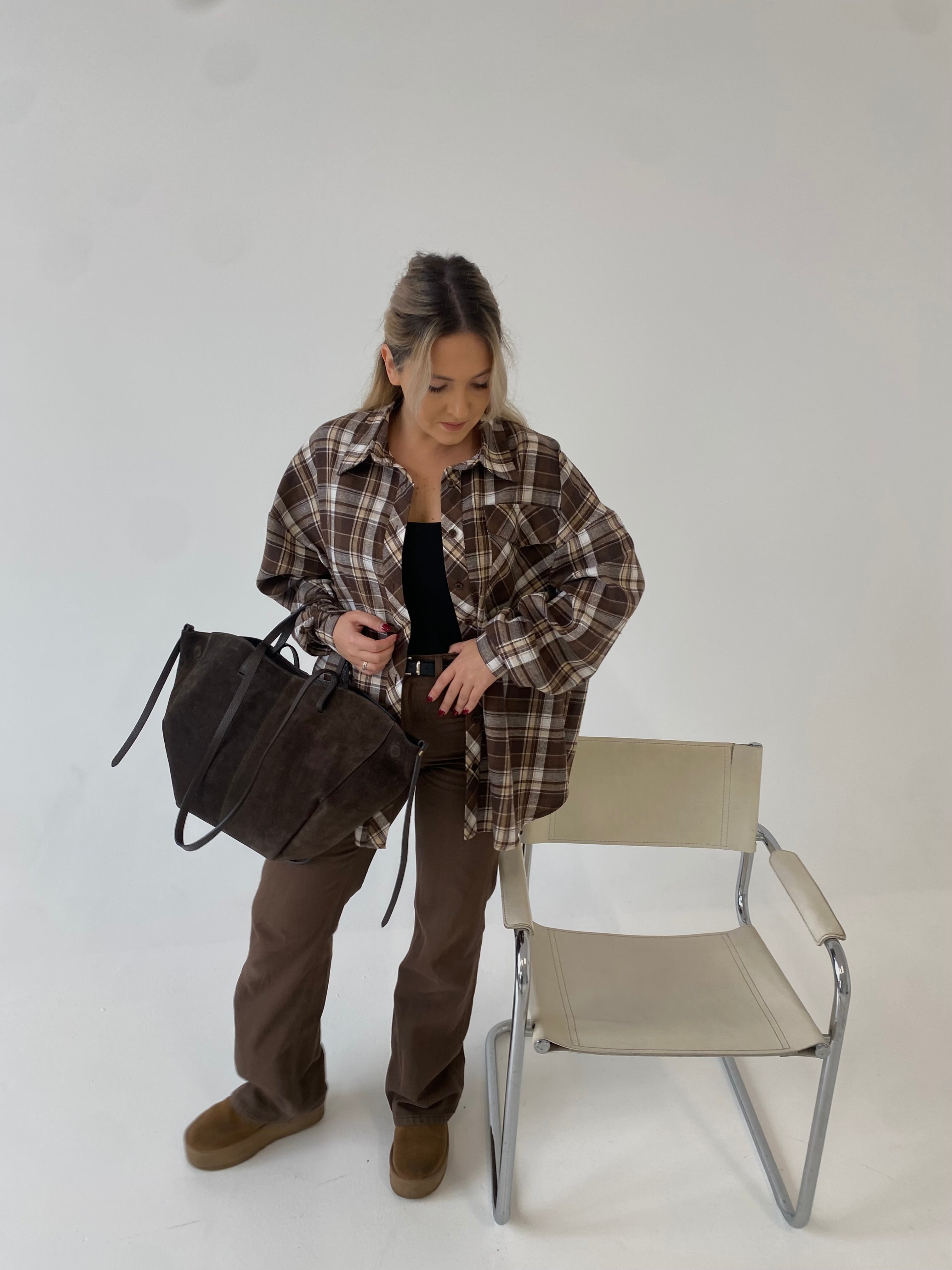 Šviesiai rudi languoti oversize marškiniai “Light Brown Check Oversize”