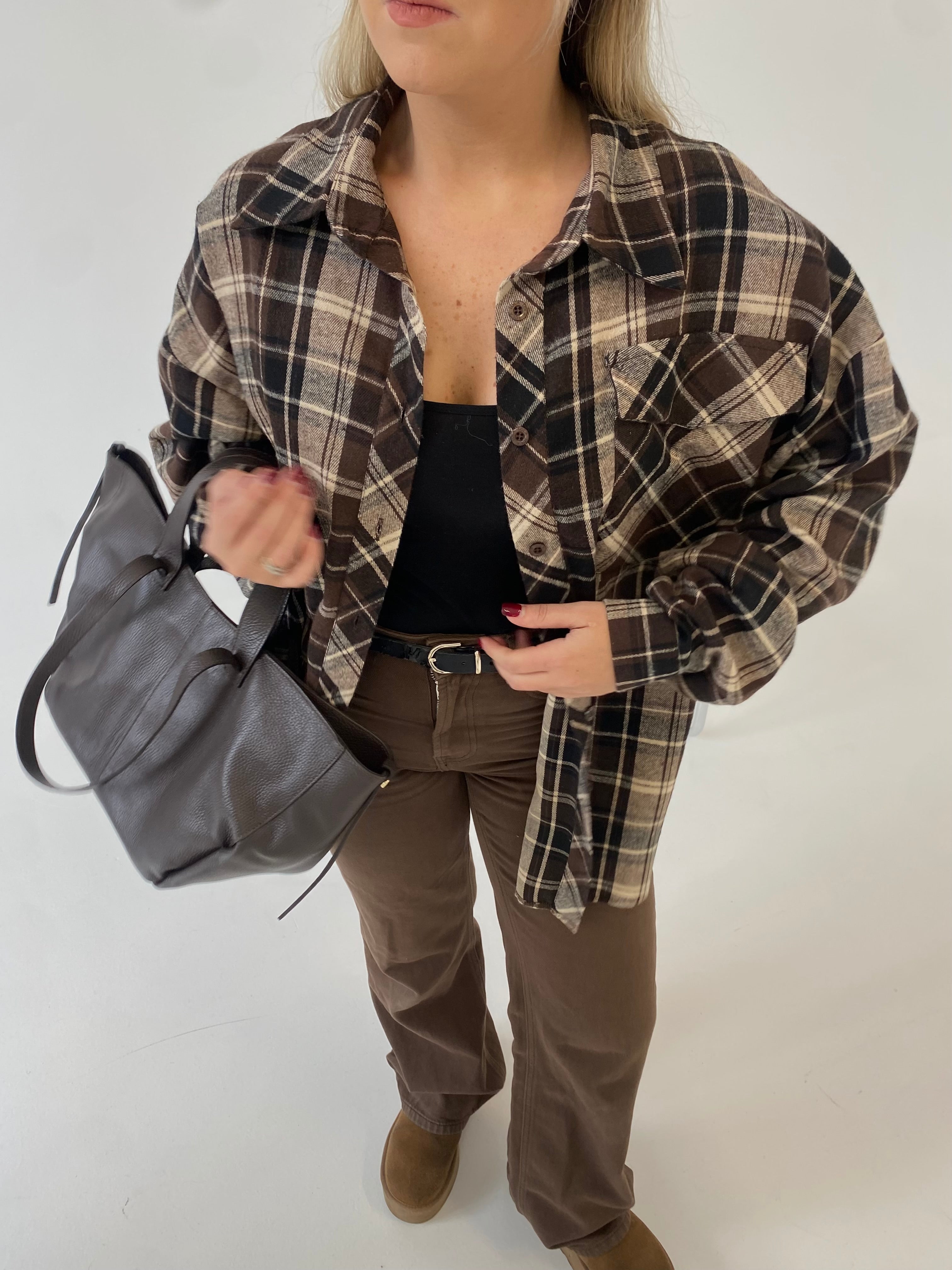 Tamsiai rudi languoti oversize marškiniai “Dark Brown Check Oversize”