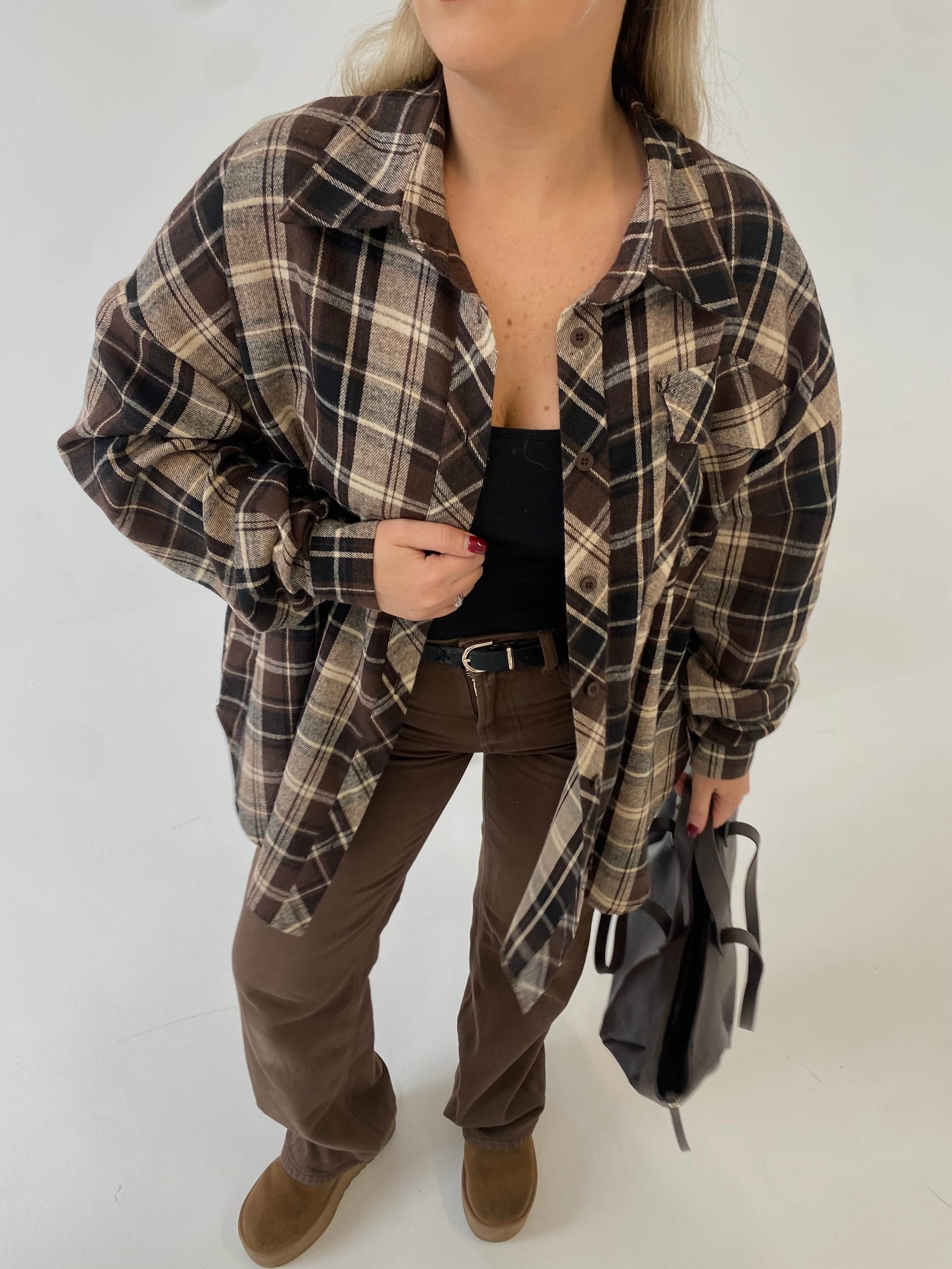 Tamsiai rudi languoti oversize marškiniai “Dark Brown Check Oversize”