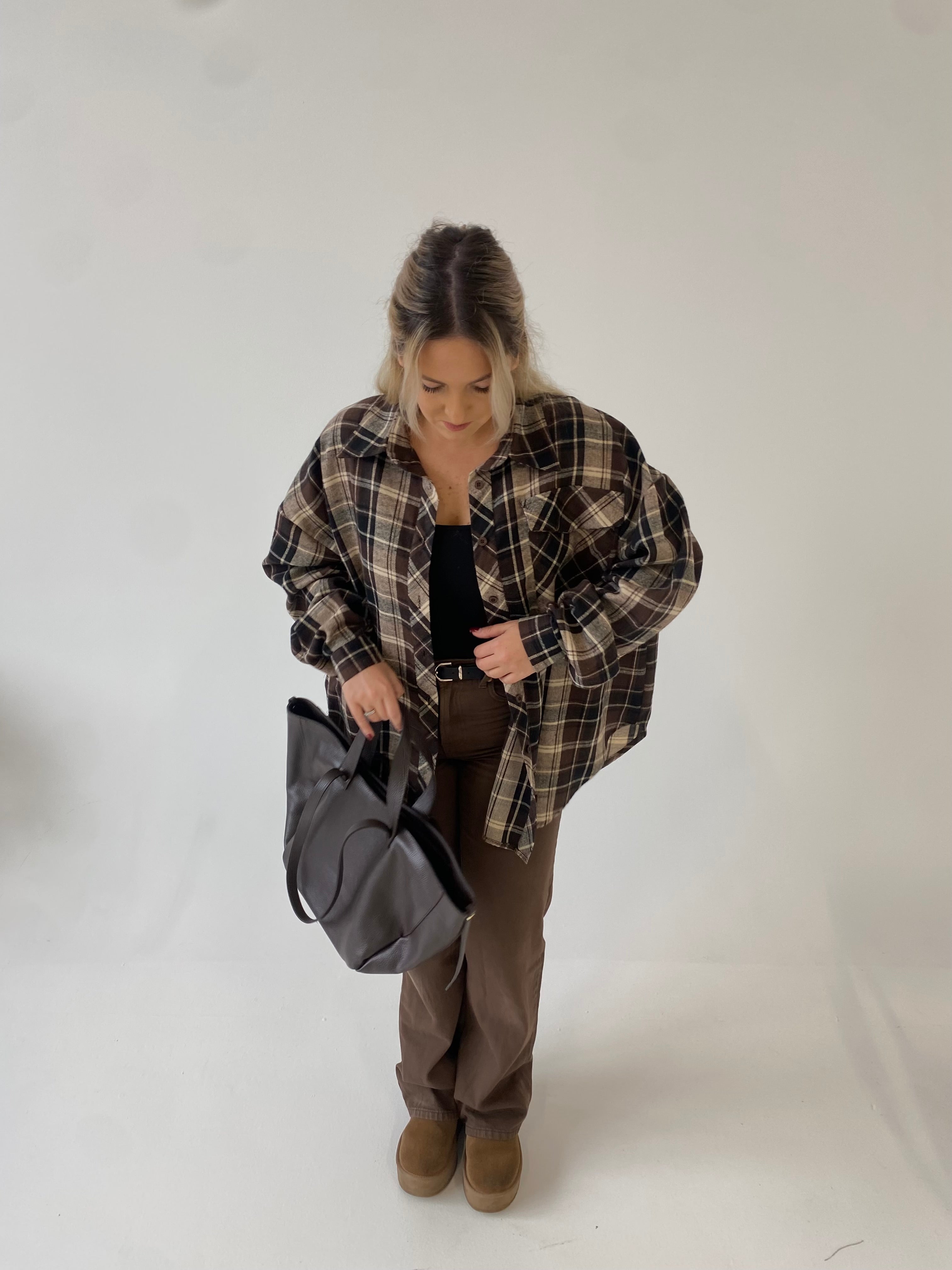 Tamsiai rudi languoti oversize marškiniai “Dark Brown Check Oversize”