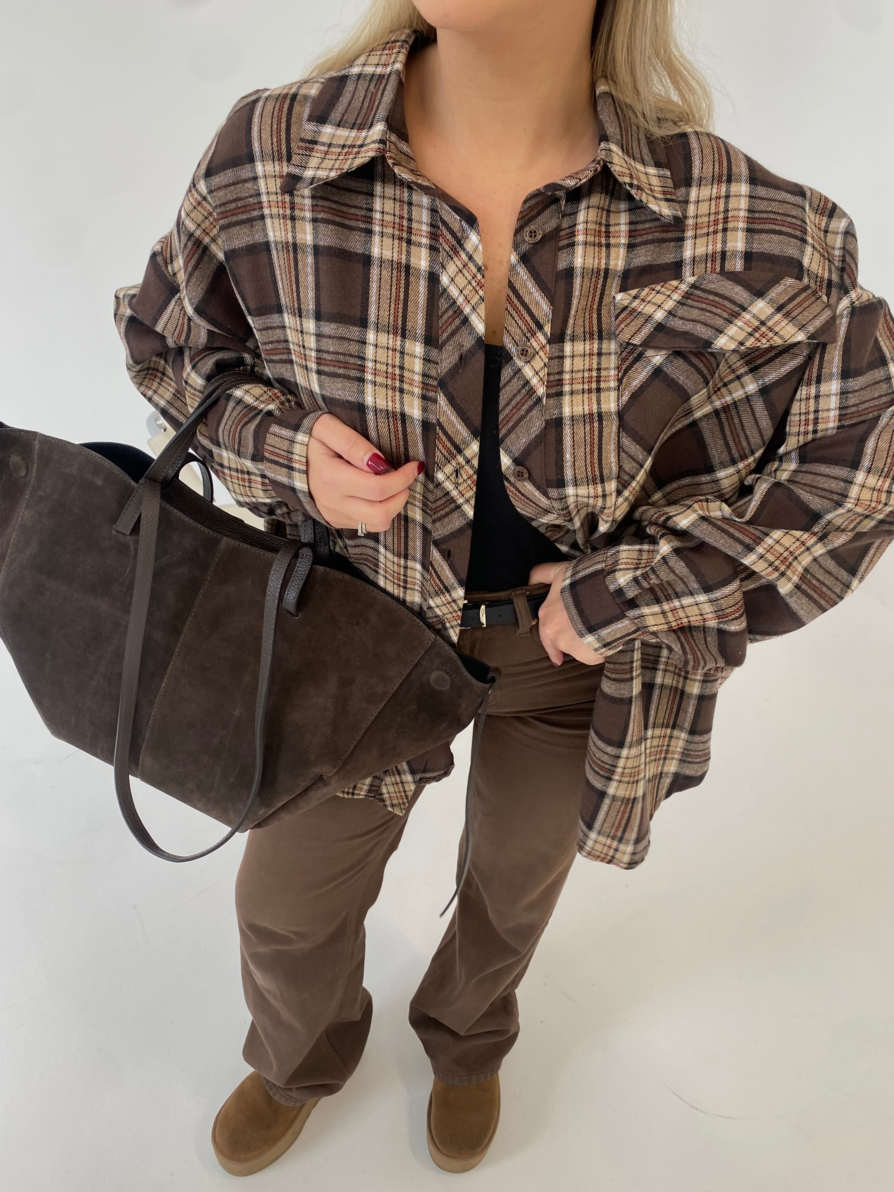 Rudi stilingi languoti oversize marškiniai “Brown Check Oversize”