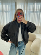 Šokoladinė premium oversize dirbtinės odos striukė „Arlette High Neck Jacket“