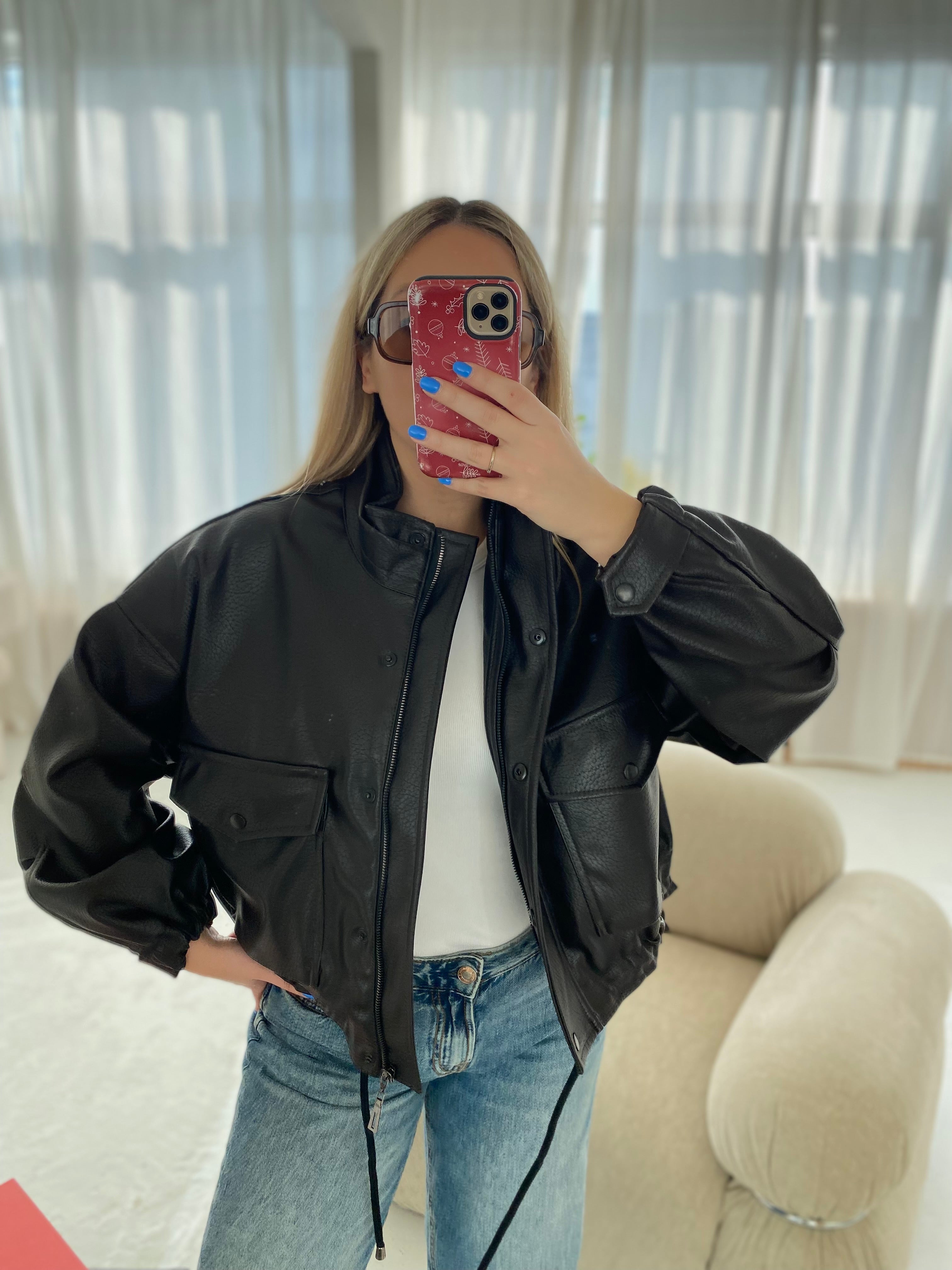 Šokoladinė premium oversize dirbtinės odos striukė „Arlette High Neck Jacket“