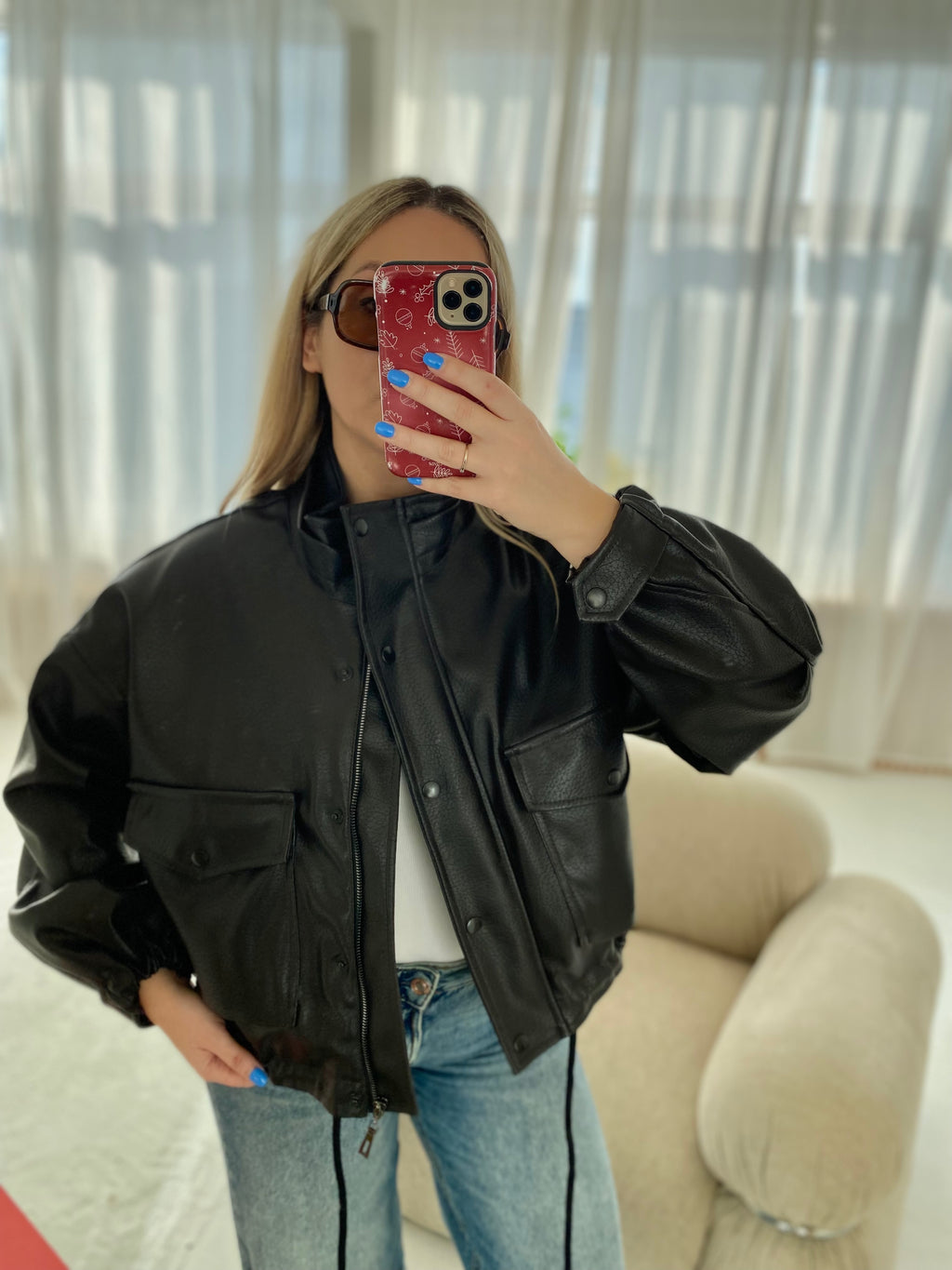 Šokoladinė premium oversize dirbtinės odos striukė „Arlette High Neck Jacket“