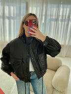 Šokoladinė premium oversize dirbtinės odos striukė „Arlette High Neck Jacket“