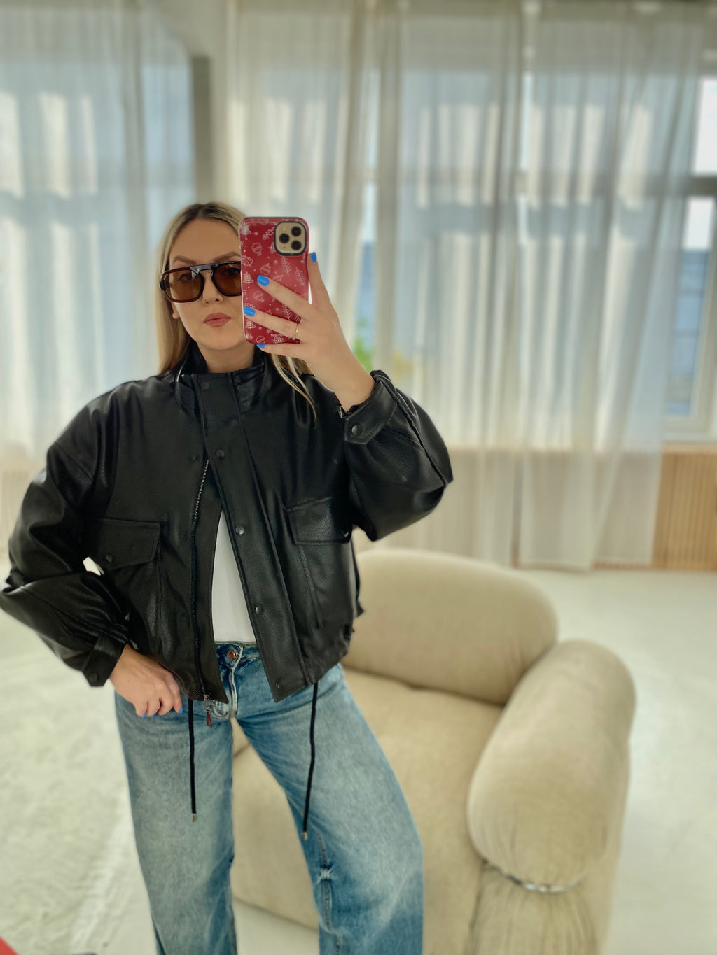 Šokoladinė premium oversize dirbtinės odos striukė „Arlette High Neck Jacket“