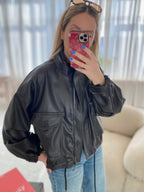 Šokoladinė premium oversize dirbtinės odos striukė „Arlette High Neck Jacket“