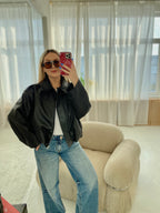 Šokoladinė premium dirbtinės odos bomber tipo striukė „Noelle Luxe Bomber“