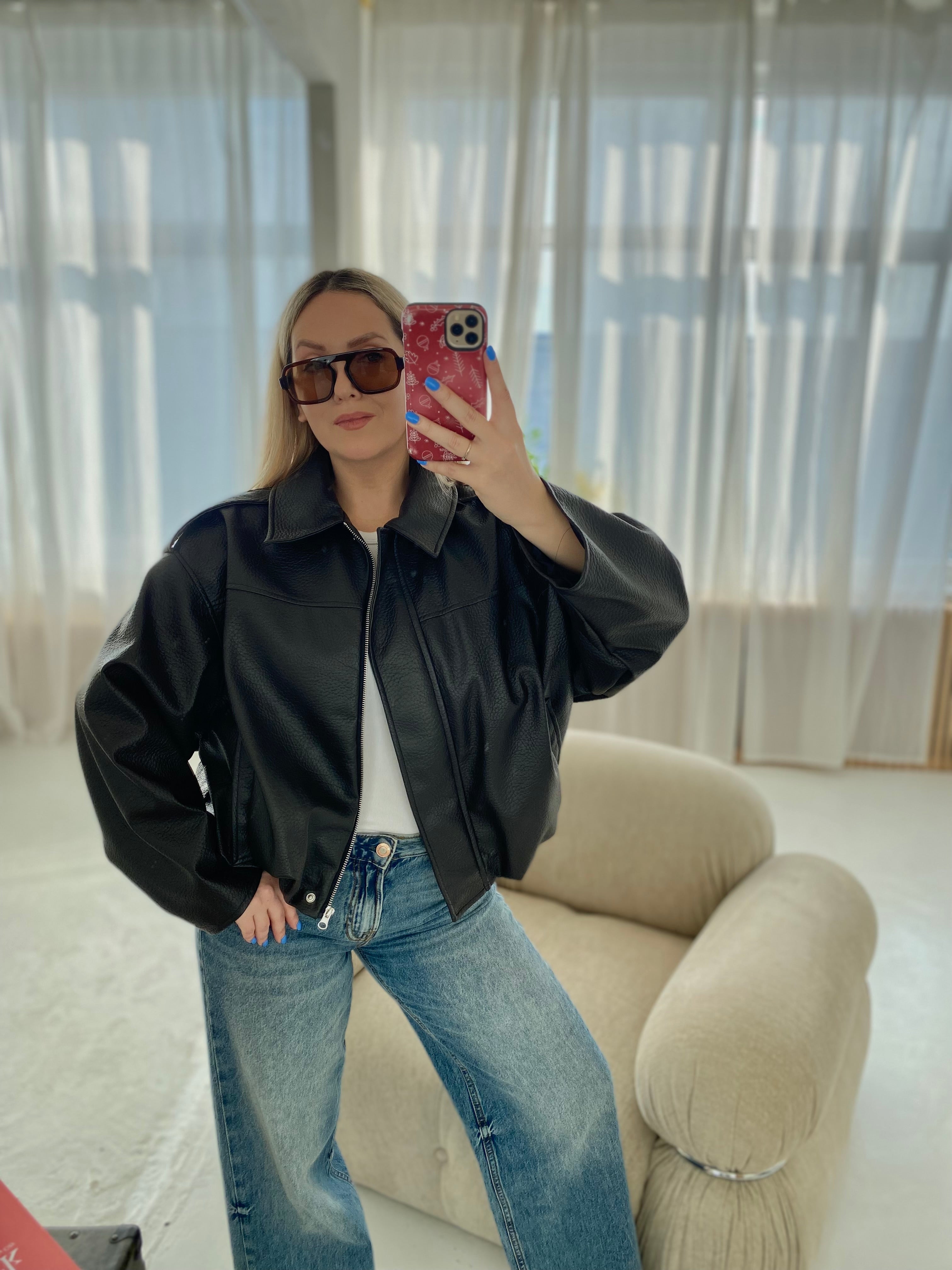 Šokoladinė premium dirbtinės odos bomber tipo striukė „Noelle Luxe Bomber“