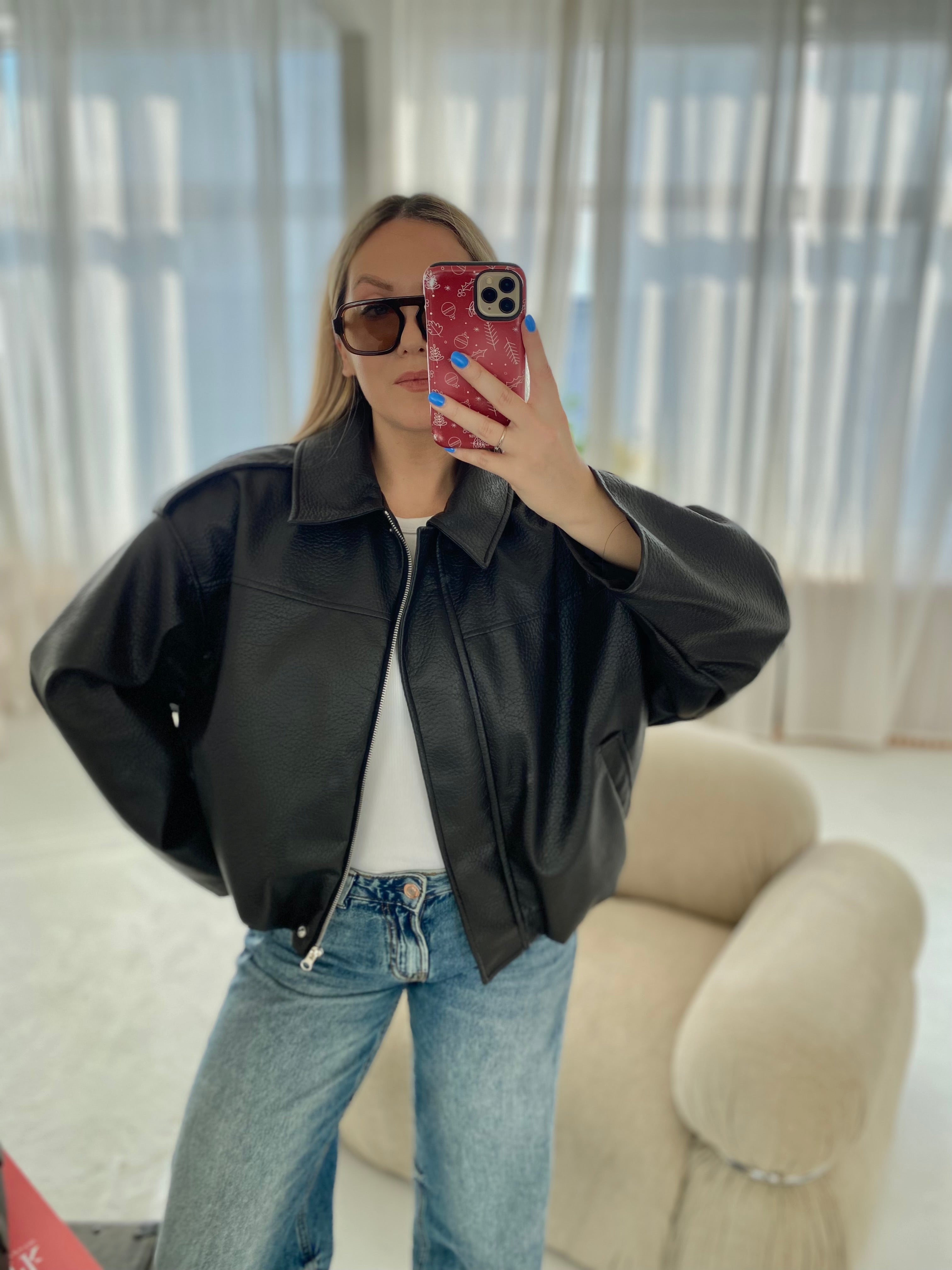 Šokoladinė premium dirbtinės odos bomber tipo striukė „Noelle Luxe Bomber“