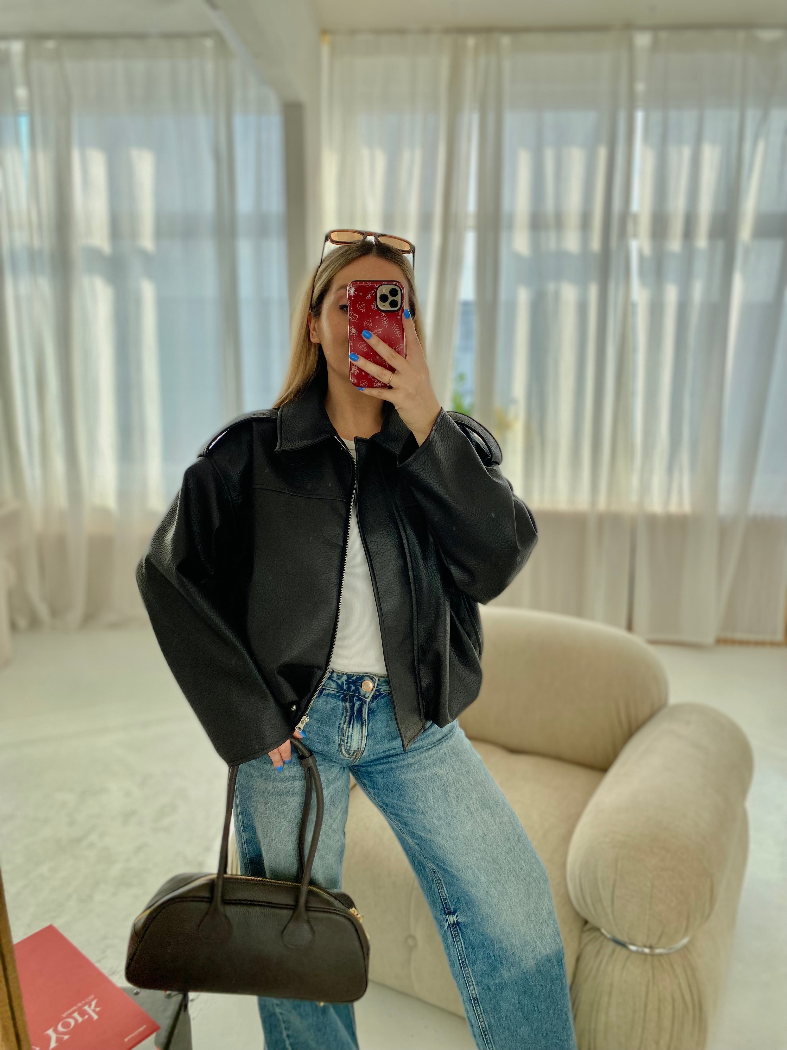 Šokoladinė premium dirbtinės odos bomber tipo striukė „Noelle Luxe Bomber“