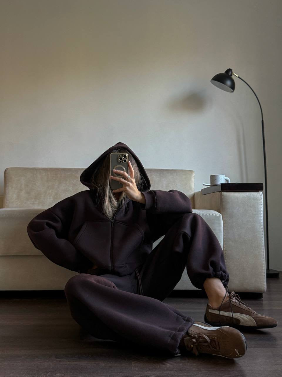 Šokoladinis pašiltintas laisvalaikio komplektas su gobtuvu „Chocolate Zip Hoodie Lounge Set“