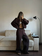 Šokoladinis pašiltintas laisvalaikio komplektas su gobtuvu „Chocolate Zip Hoodie Lounge Set“