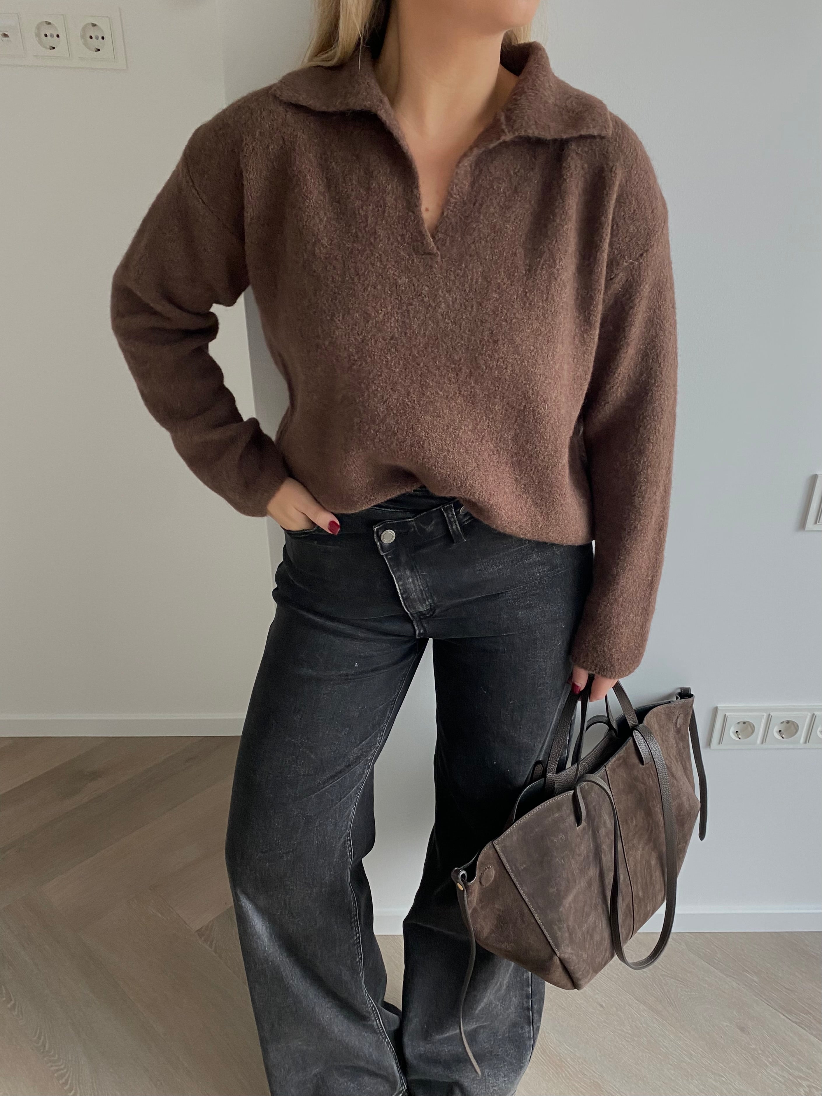 Rudas polo tipo megztinis su alpakos ir lamos vilna “Brown Alpaca Wool Polo Knit”