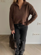 Rudas polo tipo megztinis su alpakos ir lamos vilna “Brown Alpaca Wool Polo Knit”