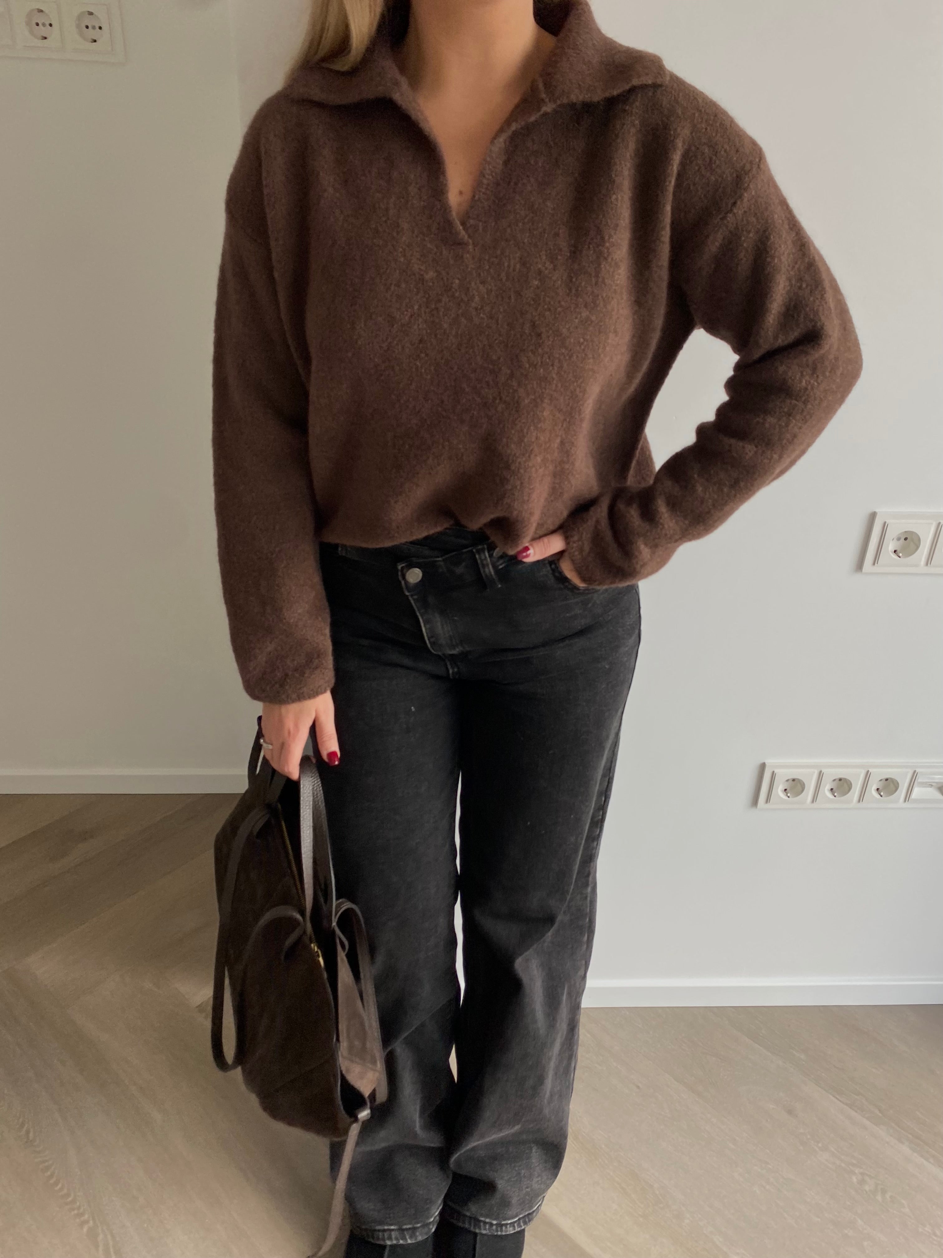 Rudas polo tipo megztinis su alpakos ir lamos vilna “Brown Alpaca Wool Polo Knit”