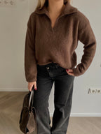 Rudas polo tipo megztinis su alpakos ir lamos vilna “Brown Alpaca Wool Polo Knit”