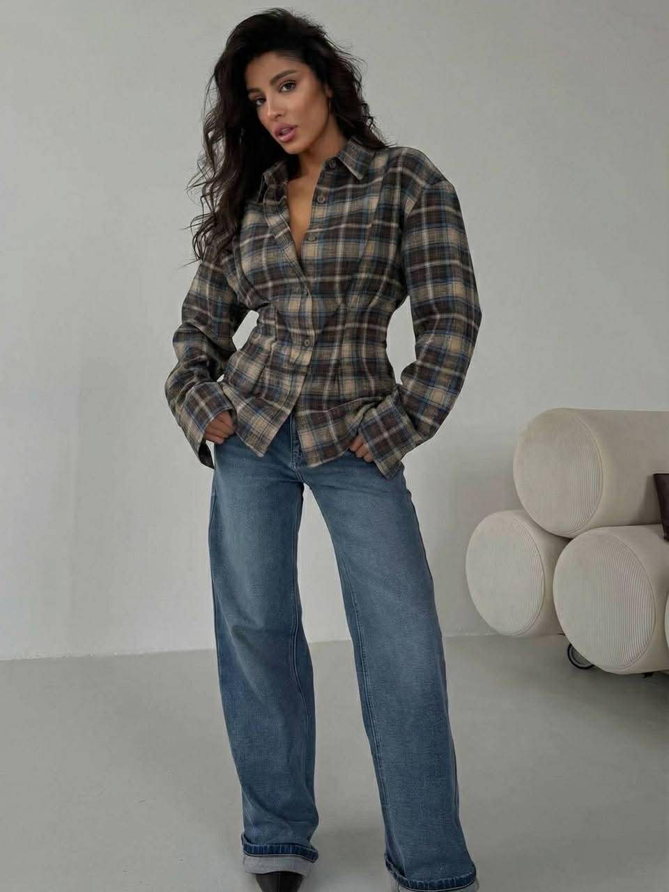 Languoti rudi su mėlynu oversize marškiniai su petukais „Elowen Structured Shirt“