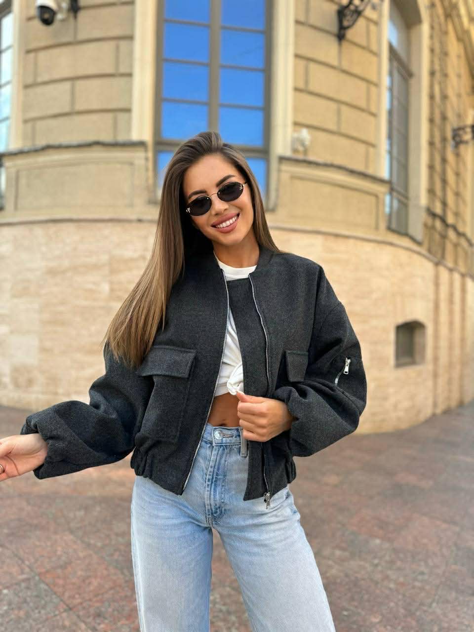 Tamsiai pilkas oversize bomberis „Mirelle Oversized Bomber“