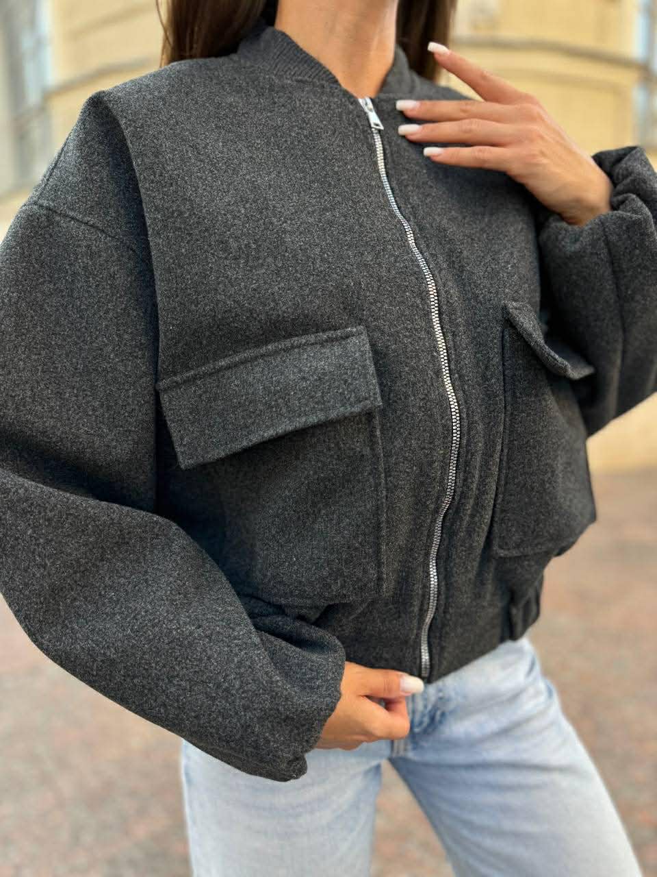 Tamsiai pilkas oversize bomberis „Mirelle Oversized Bomber“