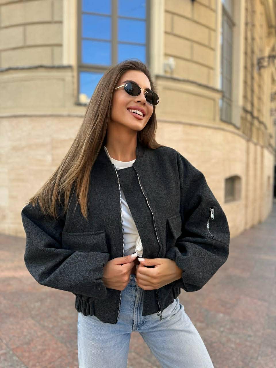 Tamsiai pilkas oversize bomberis „Mirelle Oversized Bomber“