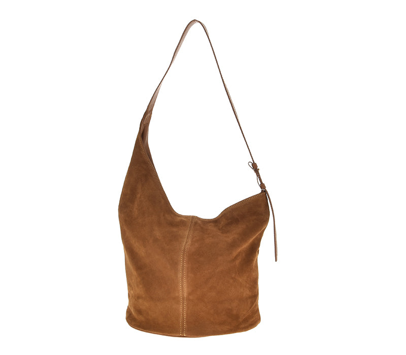 Camel spalvos netaisyklingos formos verstos odos rankinė „Solenne Suede Bag“