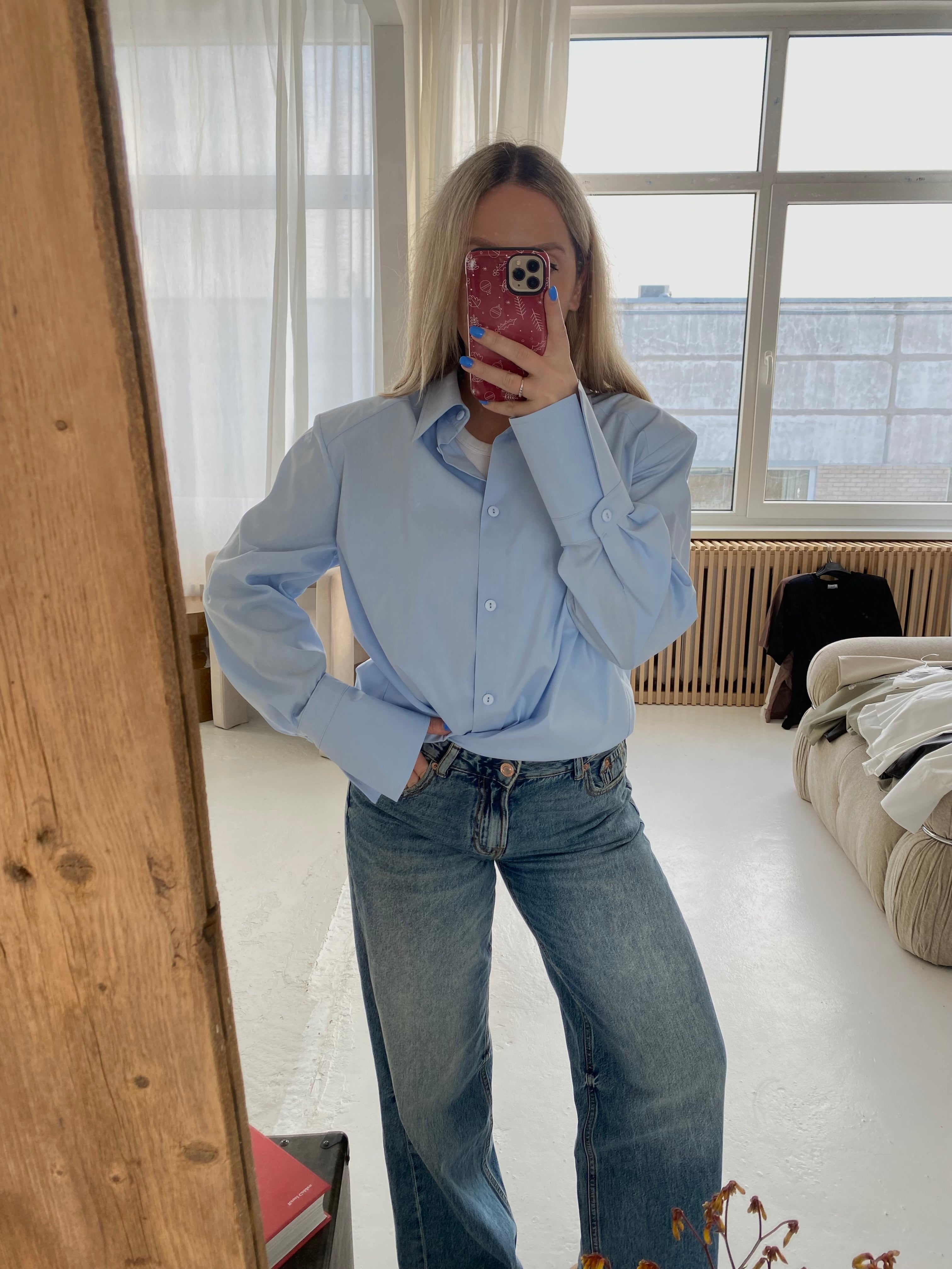 Žydri medvilniniai marškiniai su petukais „Elara Structured Shirt“